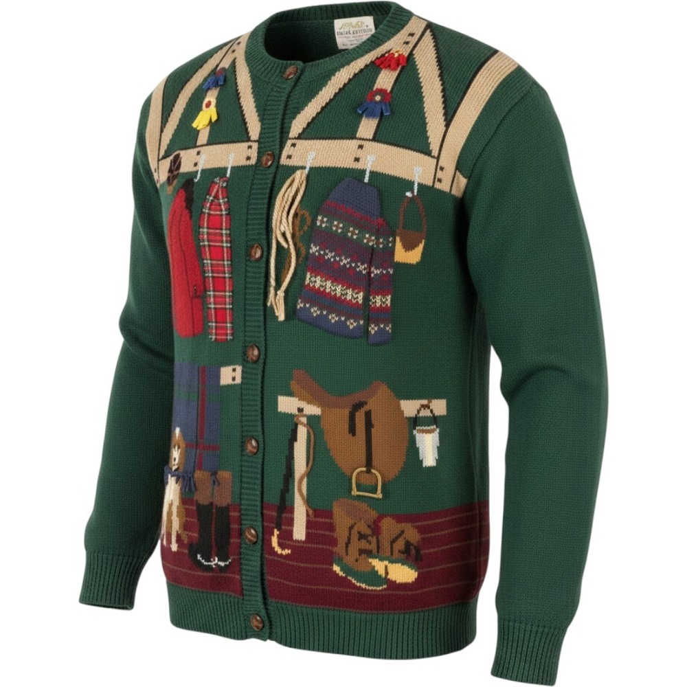 Vintage Grandpa Cardigan Sweater 90's Horse Equestrian Dog Lover Ralph Artsy L